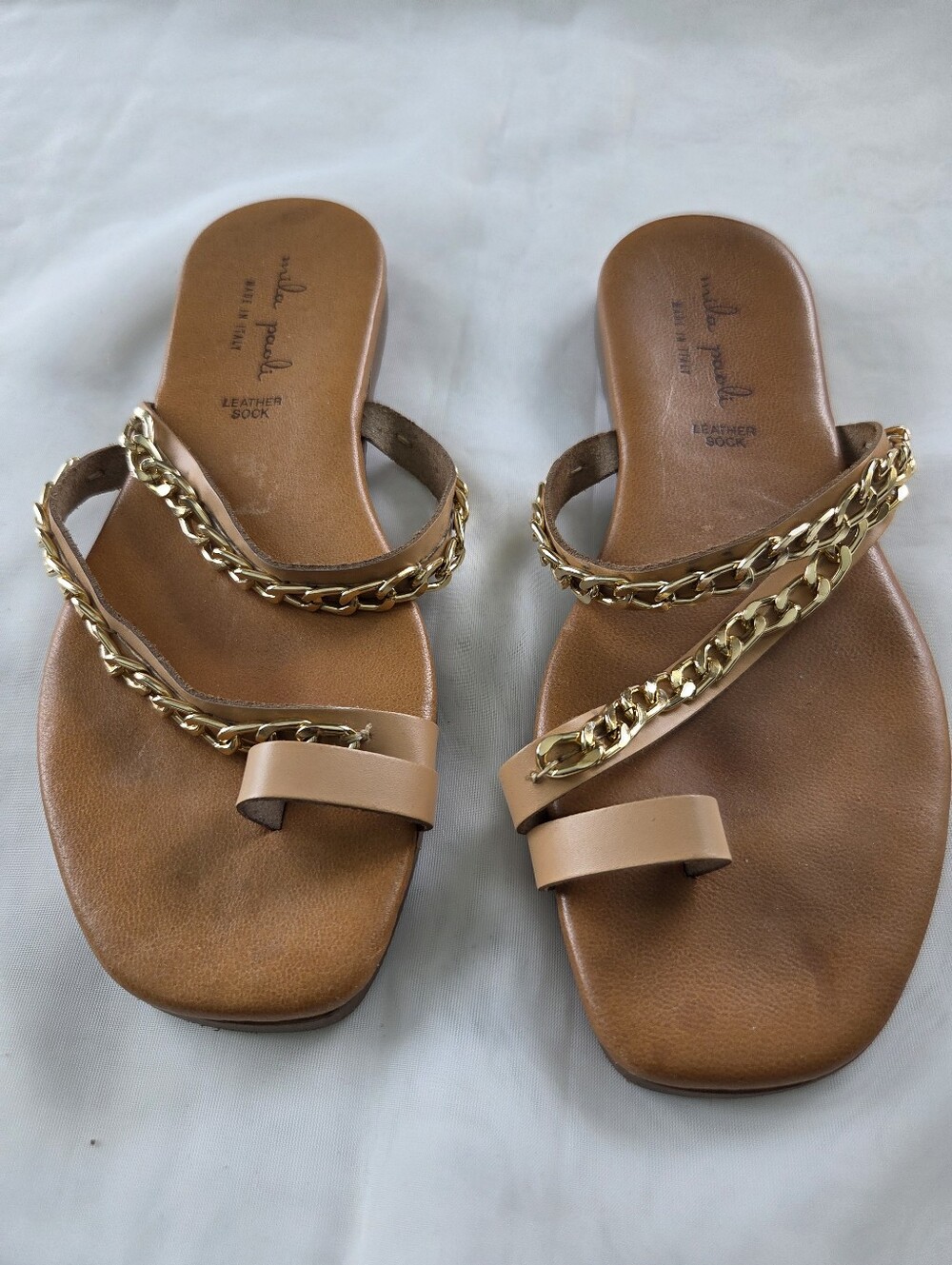 Mika‎ Paoli Tan Leather Slide Sandals with Gold Chain Trim